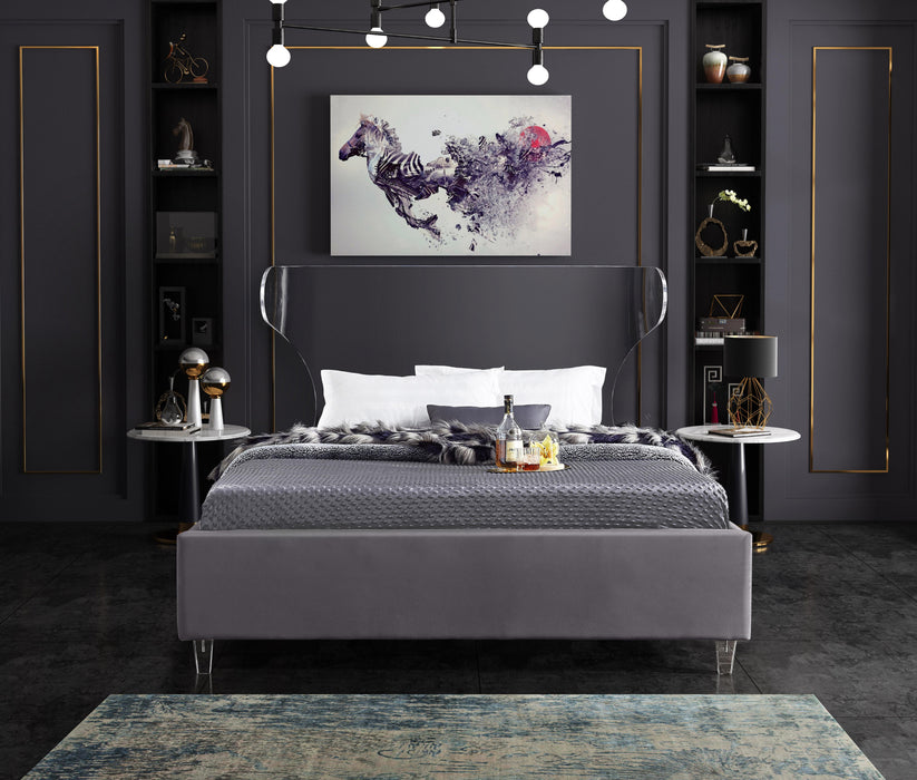 Ghost Grey Velvet Queen Bed